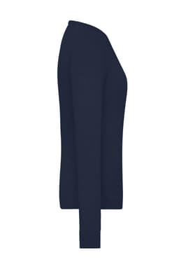 A navy blue ladies round-neck pullover, featuring long sleeves and a fitted silhouette. Includes a logo.