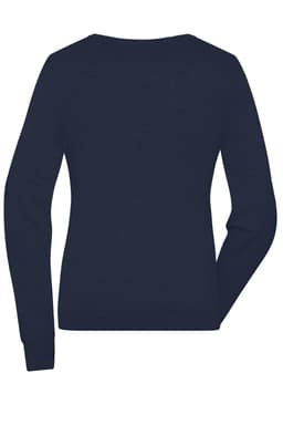 A navy blue round-neck pullover jumper with long sleeves and a fitted design, featuring a logo.