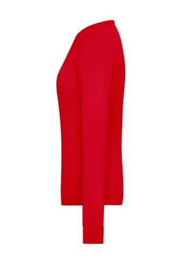 A red ladies round-neck pullover displayed from the side, featuring long sleeves and a fitted silhouette.