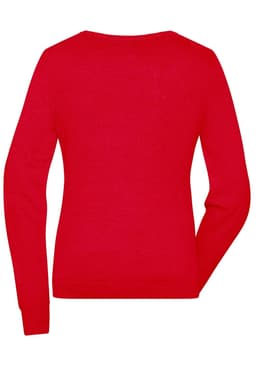 A red ladies round-neck pullover with long sleeves and a simple design, featuring a logo on the back.
