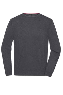 A men's round-neck pullover in dark grey with long sleeves and a subtle logo.