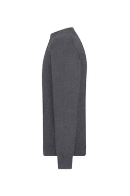 A grey men's round-neck pullover sweater, displayed from the side, featuring long sleeves and a simple design.