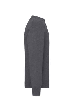 A grey men's round-neck pullover sweater viewed from the side. The design includes a logo on the garment.