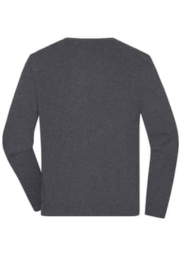 A dark grey long-sleeve round-neck pullover sweater, featuring a plain back and fitted sleeves.