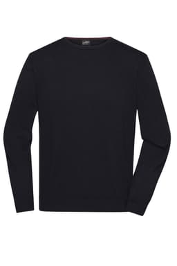 A men's round-neck pullover in plain black, featuring long sleeves and a subtle texture. It includes a logo on the label.