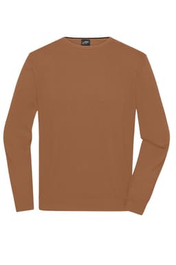 A men's round-neck pullover in a warm brown colour, featuring long sleeves and a logo on the label.