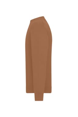 A men's round-neck pullover in a warm brown colour, featuring long sleeves and a side profile view.
