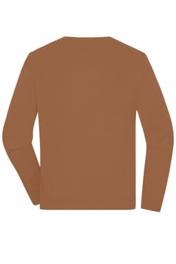 A men's round-neck pullover in a warm brown colour with long sleeves and a simple design. Features a branding logo.