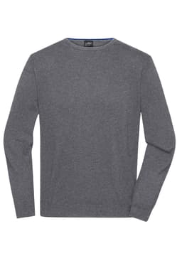 A grey round-neck pullover sweater with long sleeves and a branded label inside.