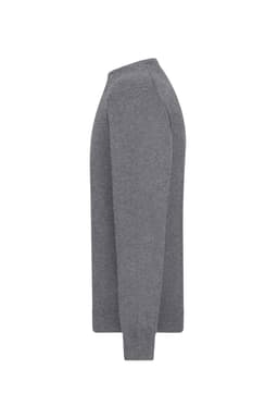 A grey men's round-neck pullover sweater displayed from a side view, featuring long sleeves and a simple design.