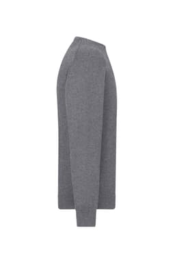 A grey men's round-neck pullover sweater with long sleeves, featuring a simple design. It has a logo on the garment.