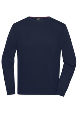 A navy blue men's round-neck pullover sweater with long sleeves and a subtle texture. It features a logo on the label.