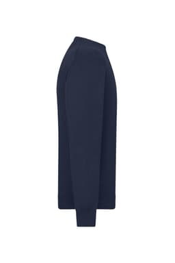 A men's round-neck pullover in navy blue, displayed from the side with long sleeves. Features a logo on the design.