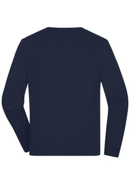 A navy blue men's round-neck pullover sweater with long sleeves and a plain design. It features a logo.