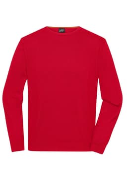 A red round-neck pullover sweater with long sleeves and a simple design. Features a logo at the neck.