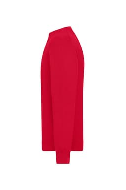 A red men's round-neck pullover sweater displayed from the side, featuring a simple design and long sleeves.
