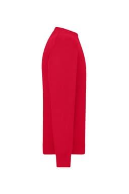 A red men's round-neck pullover sweater displayed from a side view, featuring long sleeves and a simple design.