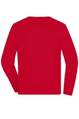 A red men's round-neck pullover sweater featuring long sleeves and a plain back design.