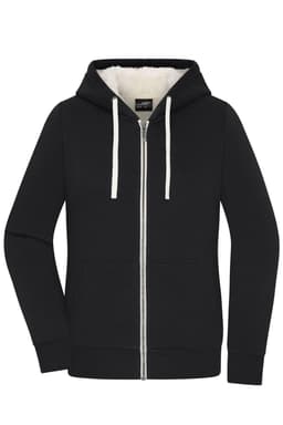 A black zip-up jacket with a hood, featuring a soft inner lining and front pockets. It has a logo on the label.