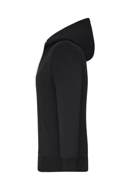 A black ladies doubleface jacket featuring a hood and side pocket, with a branding logo present.