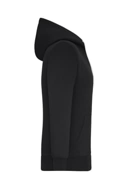 A black ladies' doubleface jacket with a hood and front pockets, featuring a logo.