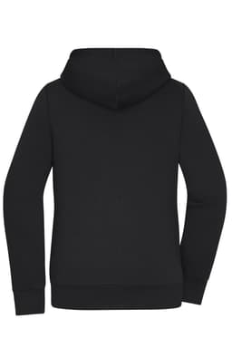 A black ladies' doubleface jacket with a hood, showing the back view and long sleeves. Features a logo.