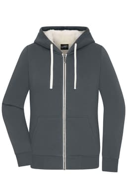 A ladies' doubleface jacket in grey with a zip front, hood, and fleece lining, featuring a logo on the label.