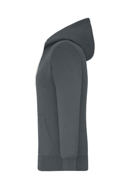 A grey ladies doubleface jacket with a hood, featuring a side view and a kangaroo pocket. It has a logo.