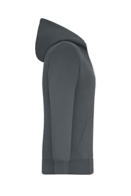 A ladies doubleface jacket in grey with a hood and side pockets, featuring a logo on the front.
