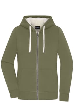 A double-faced jacket in olive green with a hood, zip front, and pockets. It has a soft interior lining and a logo.