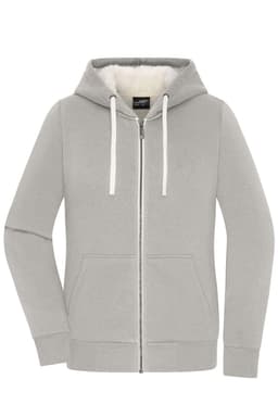 A ladies' doubleface jacket in light grey with a hood, featuring a zip closure and front pockets. It has a logo on the label.