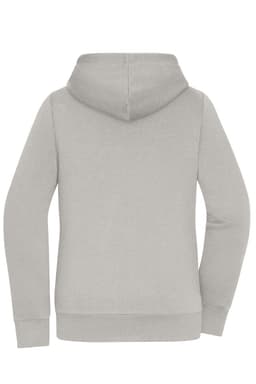 A grey Ladies Doubleface Jacket with a hood, featuring long sleeves and a simple design. It has a logo on the back.