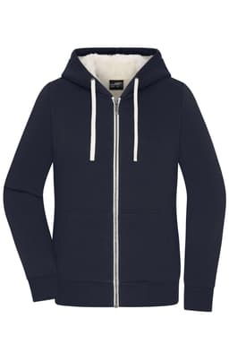 A navy double-faced jacket featuring a zip front, kangaroo pockets, and a hood with white drawstrings.
