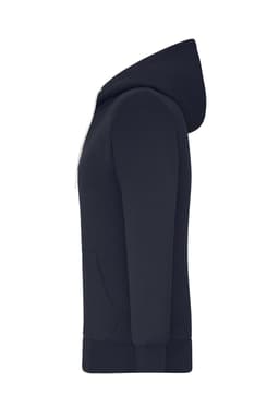A navy blue ladies doubleface jacket with a hood, featuring a side view and a kangaroo pocket. It has a logo present.