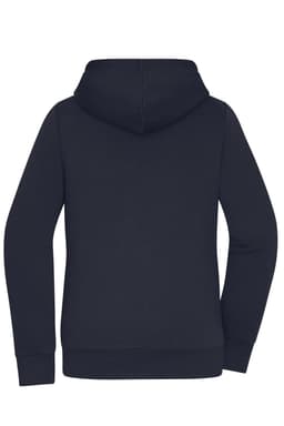 A navy ladies doubleface jacket with a hood, featuring long sleeves and a simple design. It has a logo on the back.