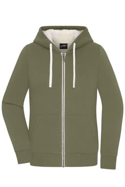 A ladies doubleface jacket in olive green with a zip front, hood, and front pockets, featuring a logo.
