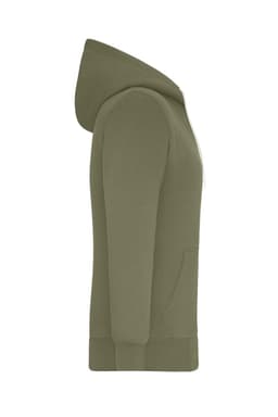 A ladies doubleface jacket in olive green, featuring a hood and side pockets, with a logo on the front.