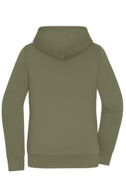 A hooded jacket in olive green, featuring a smooth back design and long sleeves. It includes a brand logo.