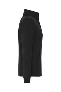 A black bonded fleece jacket with a high collar and side pockets, featuring a logo.