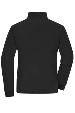 A black ladies' bonded fleece jacket with a collar and long sleeves, featuring a logo.