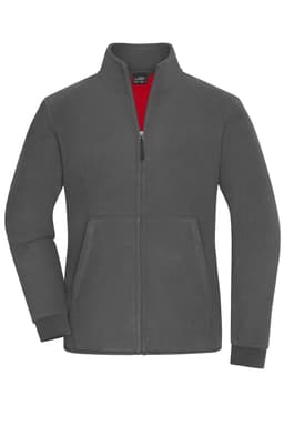 A grey bonded fleece jacket with a red interior and front pockets. It features a zip closure and a collar.