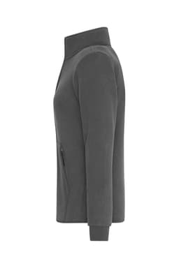 A grey polar fleece jacket with a high collar and zippered pockets, featuring a logo on the chest.
