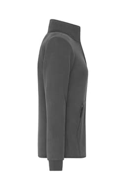 A grey bonded fleece jacket displayed from the side, featuring a high collar and an open zipper pocket.