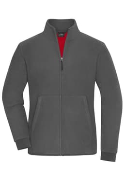 A grey bonded fleece jacket with a red interior, featuring a zip front and side pockets. It includes a logo.