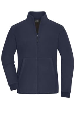 A navy blue bonded fleece jacket with a zip front and two side pockets, featuring a logo.