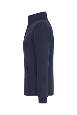 A navy ladies bonded fleece jacket featuring a zippered pocket and a high collar. It has a logo on the front.