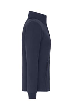 A navy ladies bonded fleece jacket with a zip pocket and high collar, featuring a logo.