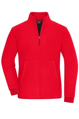 A red bonded fleece jacket with a full zip, featuring front pockets and a stand-up collar. It has a logo.
