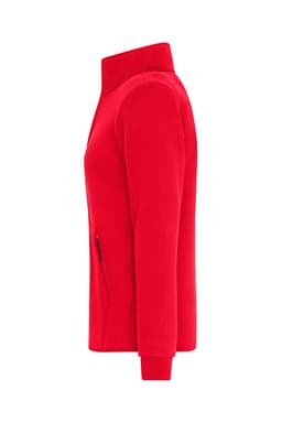 A red ladies' bonded fleece jacket with a zip pocket and a high collar. It features a logo on the front.