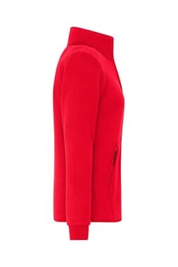 A red ladies bonded fleece jacket with a high collar and zippered pockets, displayed in profile view.